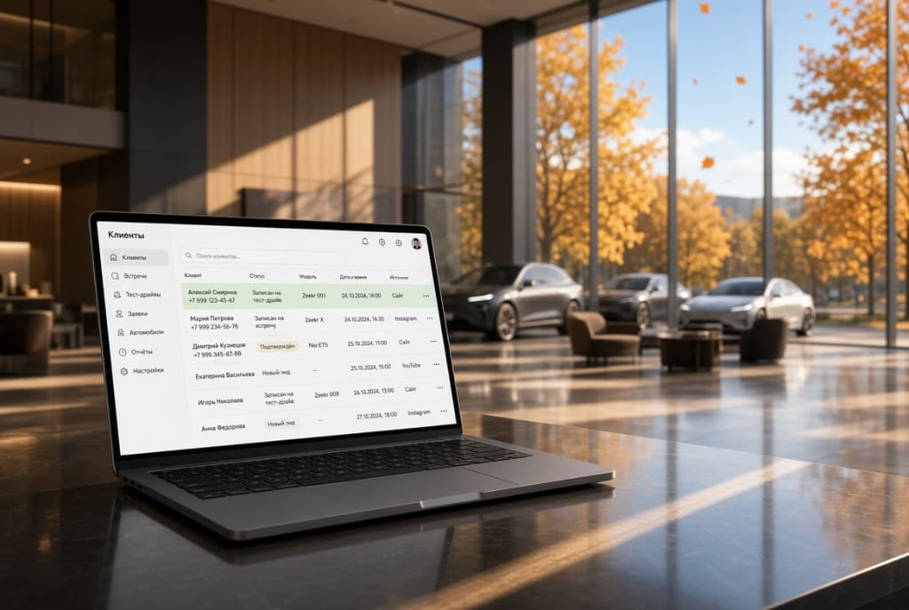 Dealer CRM with test-drive bookings on a laptop in the showroom