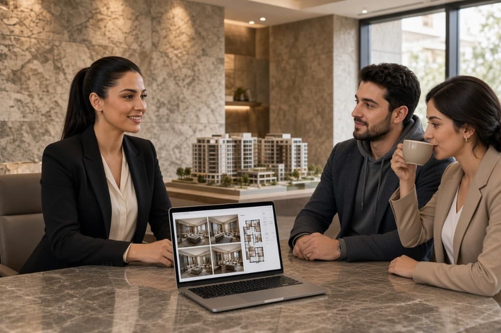 Developer sales manager showing a couple new-build floor plans on a laptop